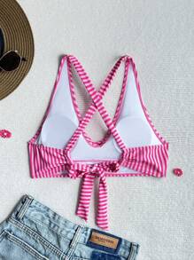 Swim Lushoire 女式夏季度假海滩条纹交叉后背比基尼上衣 - 玫紅色 - 查看 2