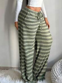 SHEIN SXY Women's Comfortable Casual Simple Low Waist Drawstring Wide Leg Pants Striped Pants Set Comfy Pants Set Women Lounge Pants Set - Multicolor - View 7