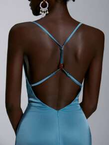 Elitara 优雅橄榄绿色缎面露背细肩带高腰修身性感珍珠装饰连衣裙，适合约会、度假、派对、婚礼、毕业典礼、伴娘 - 綠色 - 查看 5