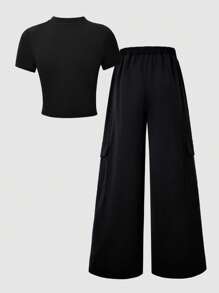 SHEIN Explorewe 2 件套青少年女孩休闲拼布设计图案 T 恤和工装裤套装，适合日常、通勤、休闲、度假、与朋友聚会、街头风格