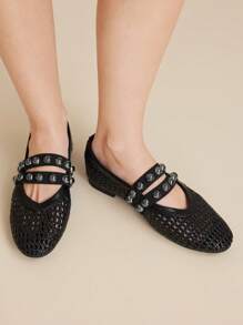 MOTF PREMIUM SUMMER BREATHABLE WOVEN MARY JANE SHOES, FASHIONABLE ELEGANT COMFORTABLE ROUND TOE HOLLOW OUT FLAT SHOES FOR WOMEN - Black - View 7