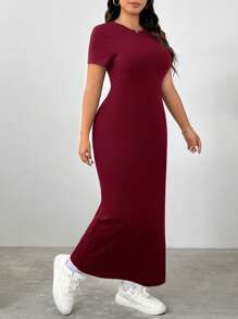 SHEIN EZwear 夏季大码优雅纯色修身连衣裙 - 酒紅色 - 查看 3