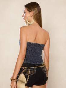 ROMWE J-Fashion Women's Y2K Baddie Street Studded Chain Decor Cropped Denim Top - Grey - View 3