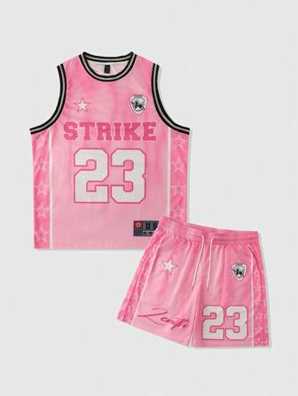 Street Life 2 pezzi Set maglia da basket e pantaloncini rosa per uomo