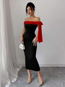 Rafferiza Vestido largo elegante con hombros descubiertos, detalles de lazo y ribete de contraste