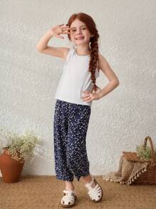 Blossori Young Girls Casual Ruffled Knit Camisole And Loose Cropped Pants Set - Multicolor - View 3