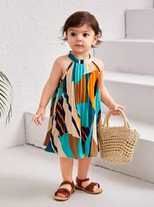 SHEIN Baby Girl's Geometric Print Pleated Halterneck Dress - Beige - View 4