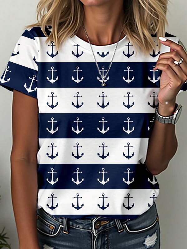 SHEIN LUNE Tricou damă bleumarin cu guler rotund, model ancoră și dungi, casual pentru vară