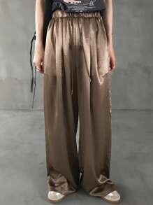 FRIFUL 女式抽绳腰系带前直腿亮面面料休闲百搭商务裤，适合度假、返校服装 - 棕色 - 查看 4