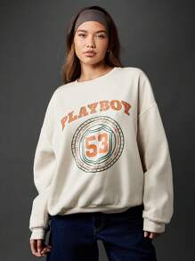 Missguided x Playboy Varsity Style Collegiate Sweatshirt Circle Logo Number Print Casual Retro Fall Winter Pullover Soft Oversized Streetwear - Beige - View 1