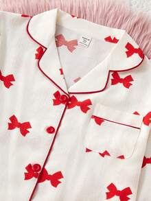 2pcs/Set Teen GirlApricot Butterfly Print Long Sleeve Cardigan And Long Pants Casual Comfortable Loungewear Bow Pajamas Cute Pajama Set Fall Winter - Apricot - View 6