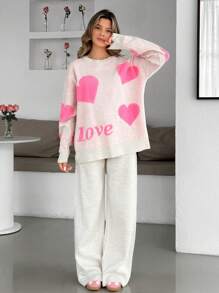 EURMUSE Conjunto de 2 piezas de suéter con cuello redondo, bordado con diseño de corazón y hombros caídos, talla grande pantalones anchos de cintura alta de unicolor tejidos para otoño e invierno para mujeres - Rosa - Ver 6