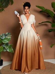 Eryvara Váy maxi chữ A thắt nơ cổ chữ V họa tiết ombre lãng mạn thanh lịch dành cho nữ, thiết kế đa năng cho các buổi đi chơi, bãi biển, lễ hội âm nhạc, trang phục dự tiệc cưới tốt nghiệp cho khách mời, phong cách công sở thường ngày Boho, thắt nơ, eo đàn hồi, du lịch nghỉ dưỡng, váy maxi chữ A mùa xuân/hè/thu - Nhiều màu - Xem 3