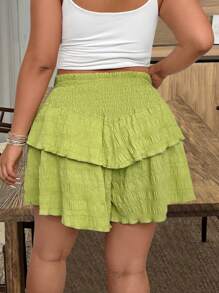 SHEIN LUNE 1pcs/Pack Plus Size Women Crinkle Fabric Solid Color Shorts Culottes With Waist Drawstring And Double-Layer Hem Design - Green - View 2