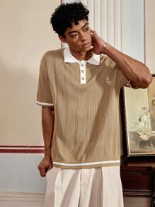 SWAVVY Men's Casual Letter Embroidered Short Sleeve Knitted Top, Summer - Khaki - View 3