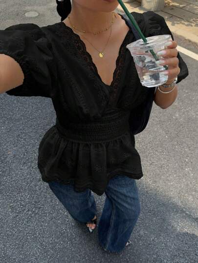 Siren Gaze Pleated V-Neck Short Sleeve Blouse Top, Cream White Black Summer Casual