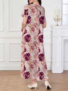 Al Najma 女式优雅花卉印花阿拉伯风格连衣裙 - 紅色 - 查看 2