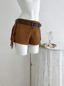 SHEIN Unity Quần short nữ lưng thấp tua rua phong cách nghỉ dưỡng Bohemian cổ điển, xuân/hè - màu nâu - Xem 4
