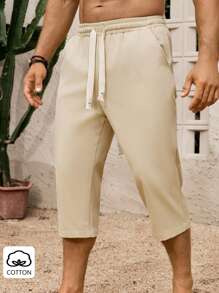 Palmeraft Men's Casual Summer Solid Color Simple Pure Cotton Twill Capri Pants Cream Shorts Men Men Cotton Shorts - Khaki - View 5