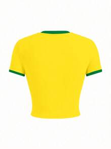 女士时尚休闲巴西字母印花短款上衣，适合节日派对 - 彩色 - 查看 2