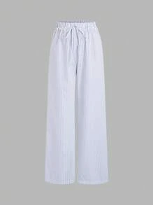 Sweetra 2pcs Spring & Casual Blue Striped Tube Top & Wide Leg Pants Suit, Stylish And Comfortable For Women - Blue - View 7