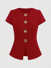Sweetra Plus Size Button Pocket Flap Collar Short Sleeve Shirt - Red - View 1