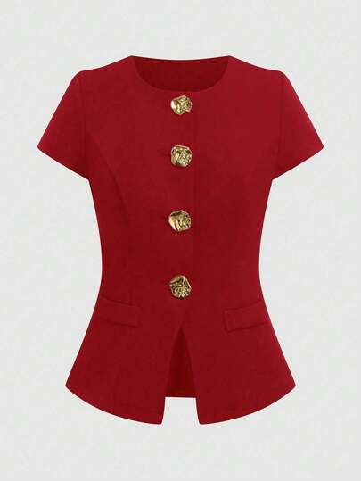 Sweetra Camisa de manga corta con cuello con solapa, bolsillo y botones, talla grande