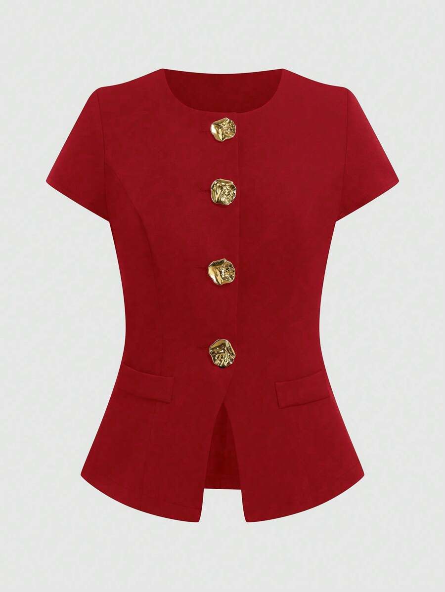 Sweetra Plus Size Button Pocket Flap Collar Short Sleeve Shirt - Red - View 1