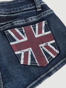 ROMWE Grunge Punk Y2K Retro Washed Pocketed British Flag Print Ultra Super Low Waist Denim Shorts
