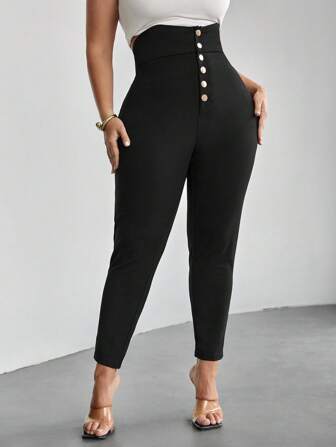 SHEIN Privé Plus Storlek Hög Midja Tight Byxor Med knapp
