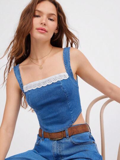 WESTFADE Western Mix Media 花卉孔眼棉混纺牛仔方领无袖修身束腰款式上衣，适合 7 月 4 日海滩度假