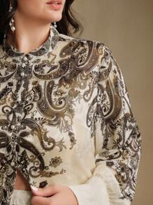 Anewsta Plus Size Women Elegant Jacquard Printed Button Long Sleeve Blouse, Casual Regular Fit Regular Version - Apricot - View 4