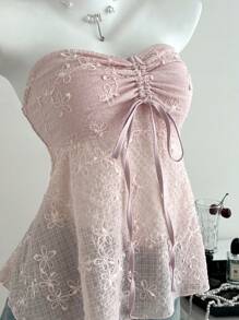 Elamini Women Embroidered Texture Halter Drawstring Peasant Top, Spring/Summer