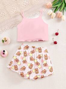 2pcs Cute Cartoon Capybara Pattern Cream Pink Teen Girls Casual Camisole And Shorts Pajama Set, Suitable For All Seasons