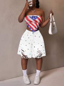 Slaydiva 女式夏季时尚水钻装饰做旧牛仔短裤