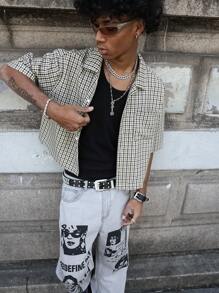 PAVTROS 男士短袖宽松廓形剪裁边缘编织格纹印花纽扣衬衫 Y2k 夹克 男士短款男士衬衫 男士短款衬衫 男士短款纽扣街头服饰 男士衬衫，街头服饰 - 彩色 - 查看 4