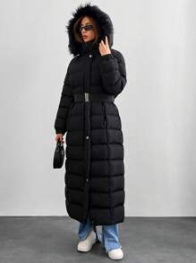 EURMUSE Petite Size Faux Fur Hooded Puffer Long Length Coat, Pasek, Metalowy Zamek Błyskawiczny I Akcesoria, Ciepły I Elegancki - Czarne - Zobacz 5