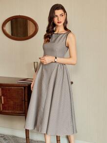 Vintamour Retro Classic Elegant Women's Dress, Spring/Summer Fitted Plaid Colorblock Sleeveless Long Dress - Coffee Brown - View 5