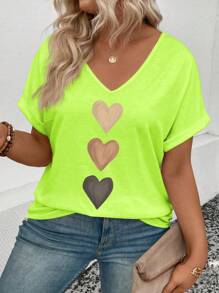 SHEIN Camiseta de mujer con cuello en V, mangas con volantes y estampado de corazón degradado, casual y versátil para primavera/verano