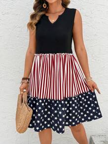 SHEIN LUNE Robe sans manches à rayures et motif étoilé, encolure échancrée, grande taille - Multicolore - Voir 1