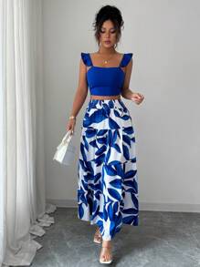 Elenzga Women 2pcs Set Ruffled Strap Backless Camisole & Printed Fitted Skirt - Blue - View 6