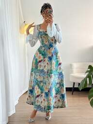 Chiquease Vestido Longo Feminino Elegante de Cintura Marcada com Manga de Babado, Decote em Formato de Coração e Estampa de Margarida, Primavera/Verão