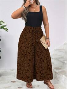 EMERY ROSE Dalmatian Print Wide Leg Belted Jumpsuit - Rust Brown - View 4