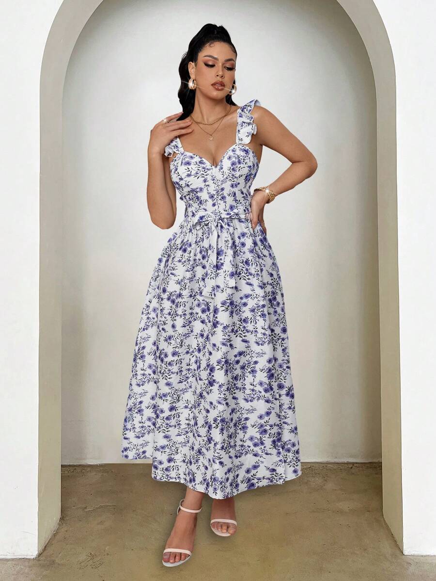 SHEIN LUNE Váy du lịch buộc eo họa tiết hoa thanh lịch - Màu xanh lam - Xem 1
