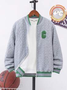 青少年男孩休闲棒球领字母印花保暖衬里厚针织开衫夹克 - 灰色 - 查看 1