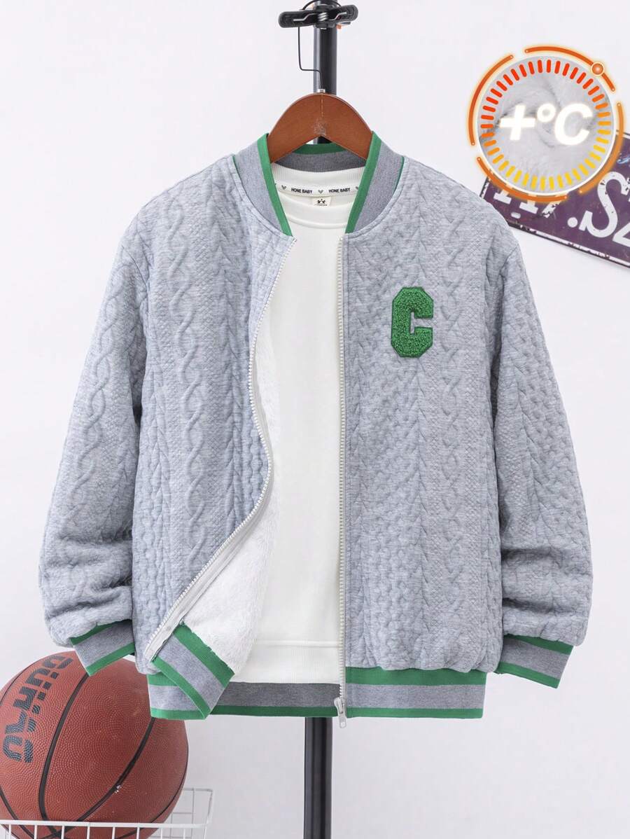 青少年男孩休闲棒球领字母印花保暖衬里厚针织开衫夹克 - 灰色 - 查看 1
