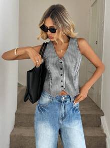 Easowa 女式秋季千鸟格印花背心式衬衫