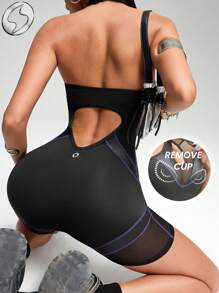 Innovista 亮面修身运动连体裤，高弹力一体式健身服，运动紧身连体裤，无袖，可调节肩带，全身连体衣，连体运动服，仿皮效果，液态光泽，提升运动自信，奢华性能，黑色，紫色，撞色缝线，速干透气，可自由下蹲，适合有氧运动和力量训练，吸汗透气面料，网眼镂空设计，露背，派对和举重套装，增强体能，哑铃重量，户外，骑行，跑步，有氧运动，瑜伽和普拉提，拳击，徒步旅行，网球和高尔夫，器械和设备训练装备，运动服和运动套装，都市运动休闲，时尚偶像，魅力四射。闪耀动人的音乐节风尚、街头性感穿搭、日常必备易穿单品、TikTok运动装、秋季实用时尚风、酷炫服饰系列 - 黑色 - 查看 9