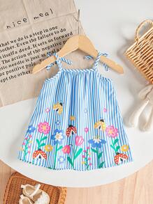 SHEIN Playful Pals 女宝宝连衣裙全碎花吊带蝴蝶结夏季优雅清新连衣裙蓝条纹幼儿连衣裙碎花幼儿连衣裙幼儿女童度假连衣裙 - 彩色 - 查看 2
