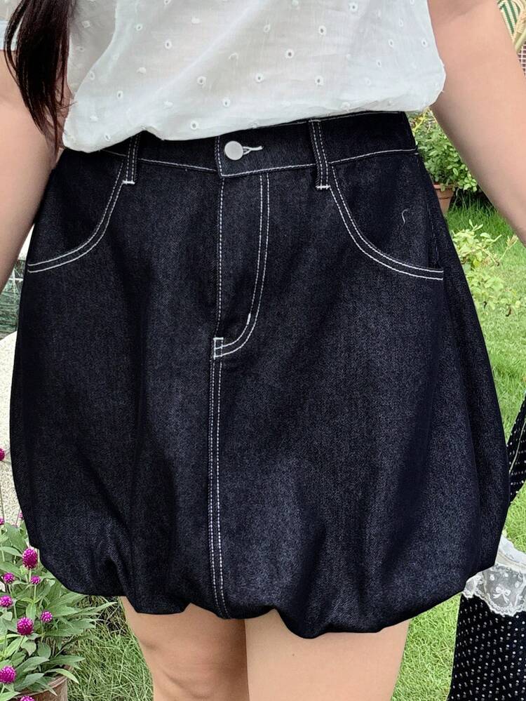 Dazy Plus Plus Size Women Dark Wash Denim Color-Blocked Flanged Mini Skirt, Summer Jeans Skirt
